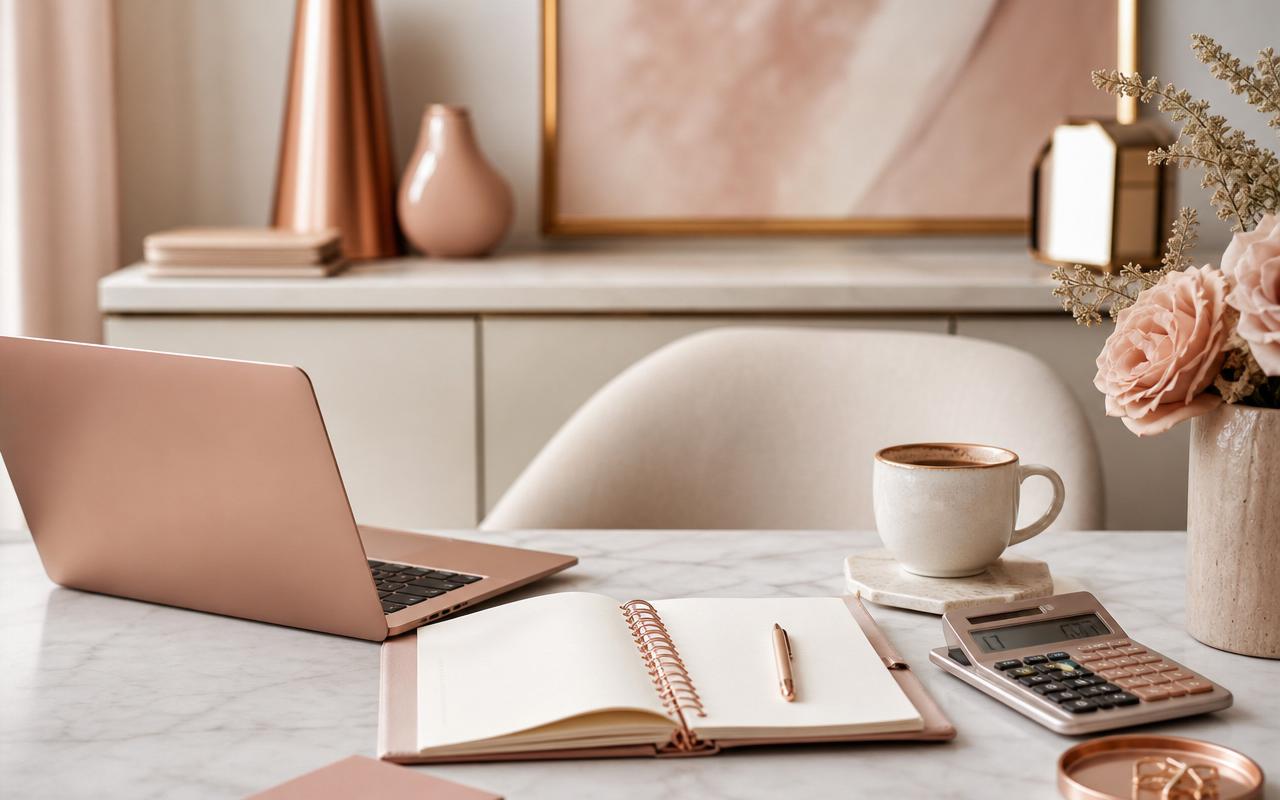 A calm, organised desk with a laptop, notebook, and calculator in warm rose gold tones